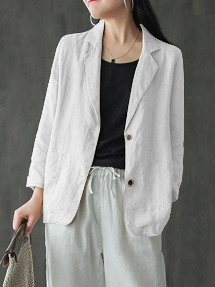 Thumbnail: ZANZEA Women Lapel Neck Long Sleeve Blazer Autumn Vintage Casual Solid Cotton B