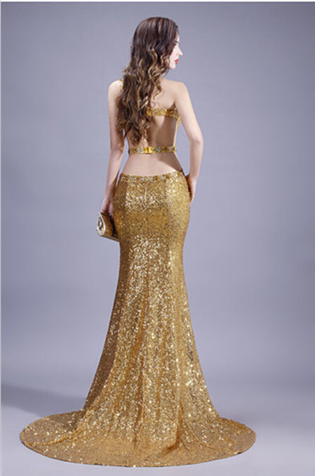 Thumbnail: sexy backless célébrité robes gold sequined mermaid Evening prom gown 2021 one 