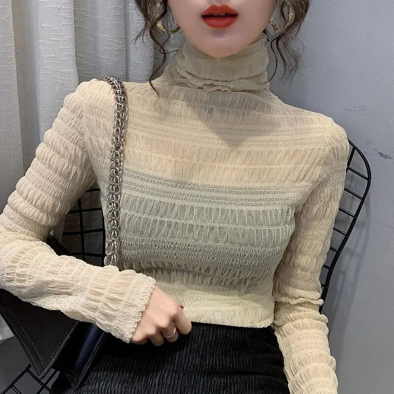 Thumbnail: New Transparent Women Lace Blouse 5 Colors Female Bottoming Blouses S-2XL Size