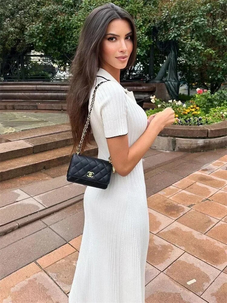 Thumbnail: Tossy White Knit Fashion Maxi Dress For Women Short Sleeve Patchwork Elegant Pa