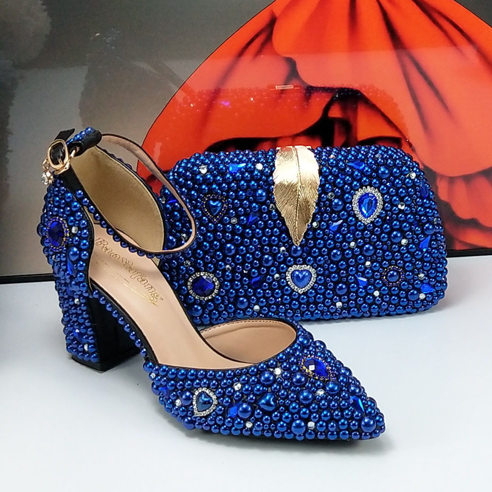 Royal Blue Bride Wedding shoes with bag Green Pearl Pointed Toe Square heel Par