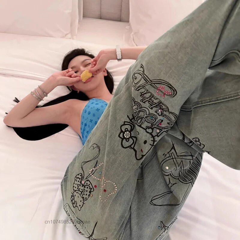 Miniatura: Sanrio Hot Diamond Hello Kitty Graffiti Women Jeans American High Street Y2k Gi