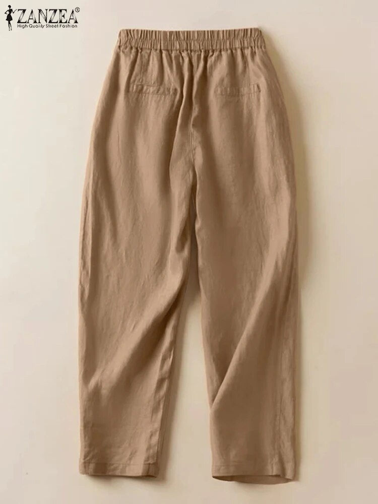 Sīktēls: 2023 ZANZEA Women Elastic Waist Solid Harem Pants Autumn Cotton Trousers Vintag