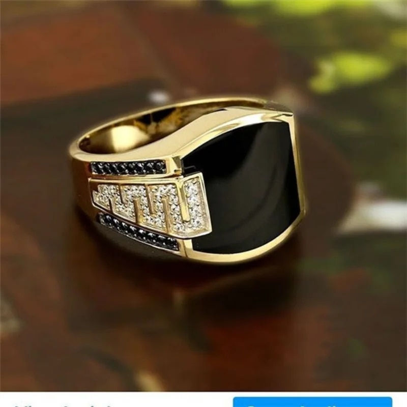 Miniatura: Classic Men's Ring Fashion Metal Gold Color Inlaid Black Stone Zircon Punk Ring