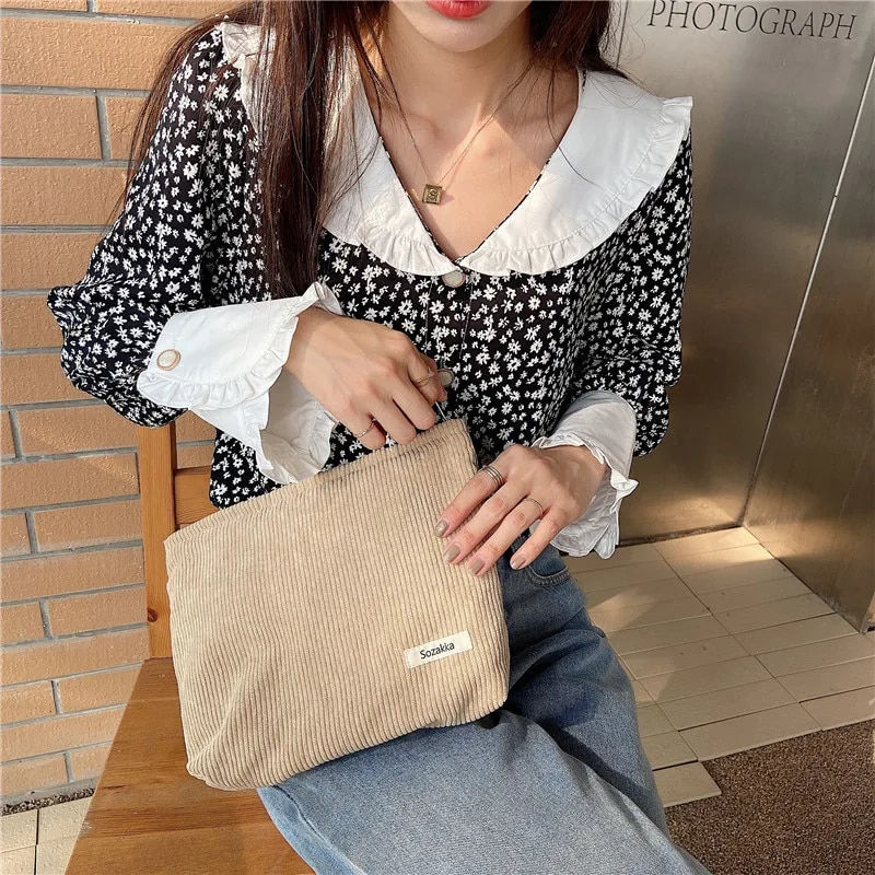 Thumbnail: Corduroy Travel Cosmetic Bag Portable Makeup Storage Bag Purses Women Large Cap