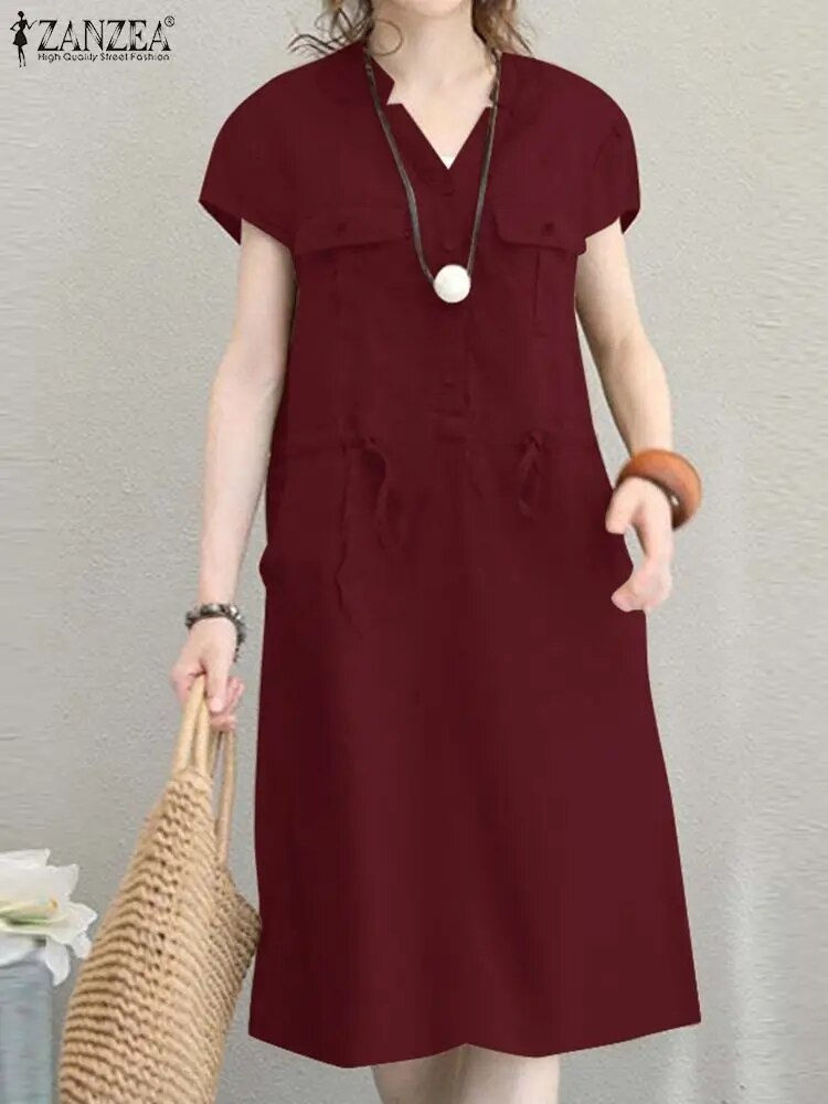 Thumbnail: ZANZEA Summer Short Sleeve Solid Knee-length Dress Fashion Women V Neck Casual