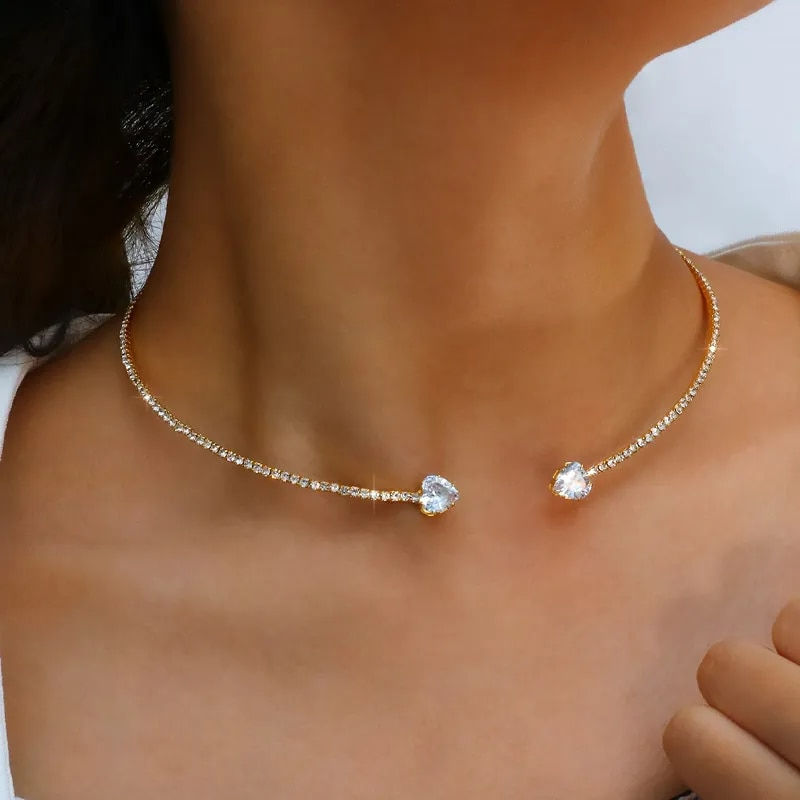 Thumbnail: Fashion Rhinestone Heart Collar Choker Necklace for Women Simple Open Collar Ne