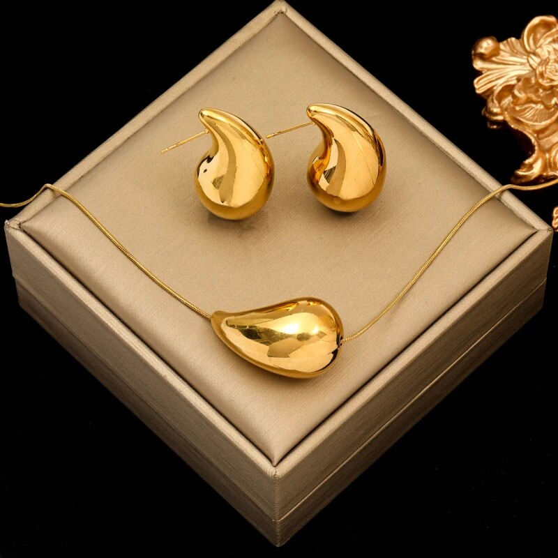 Thumbnail: EILIECK 316L Stainless Steel Gold Color Water Drops Necklace Earrings Trendy Fo