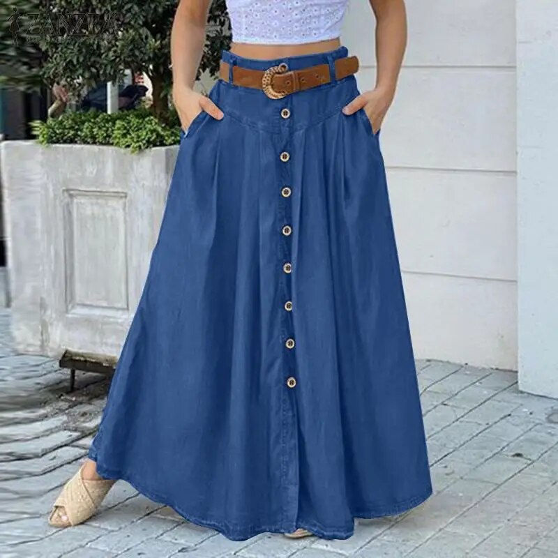 Miniatyrbilde: Fashion Button Maxi Skirts 2023 ZANZEA Women Summer Sundress Casual High Waist