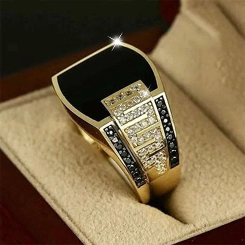 Miniatura: Classic Men's Ring Fashion Metal Gold Color Inlaid Black Stone Zircon Punk Ring