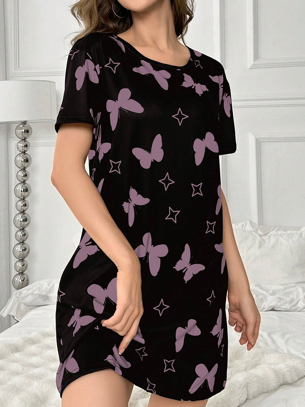 Thumbnail: Women's Butterfly Printed Short Sleeve Pajama Nightdress
