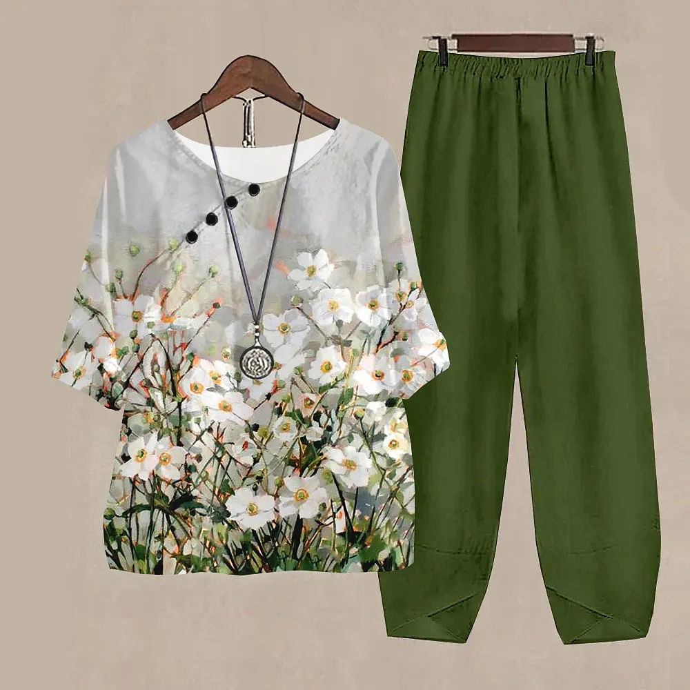 New Women O Neck Short Sleeve Suit Flower Print Elegant Two Piece Sets Female O