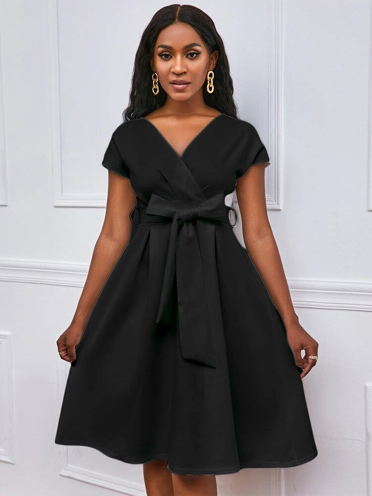Thumbnail: Women V Neck Dress Pleated A Line with Waist Belt Party Fashion Female African