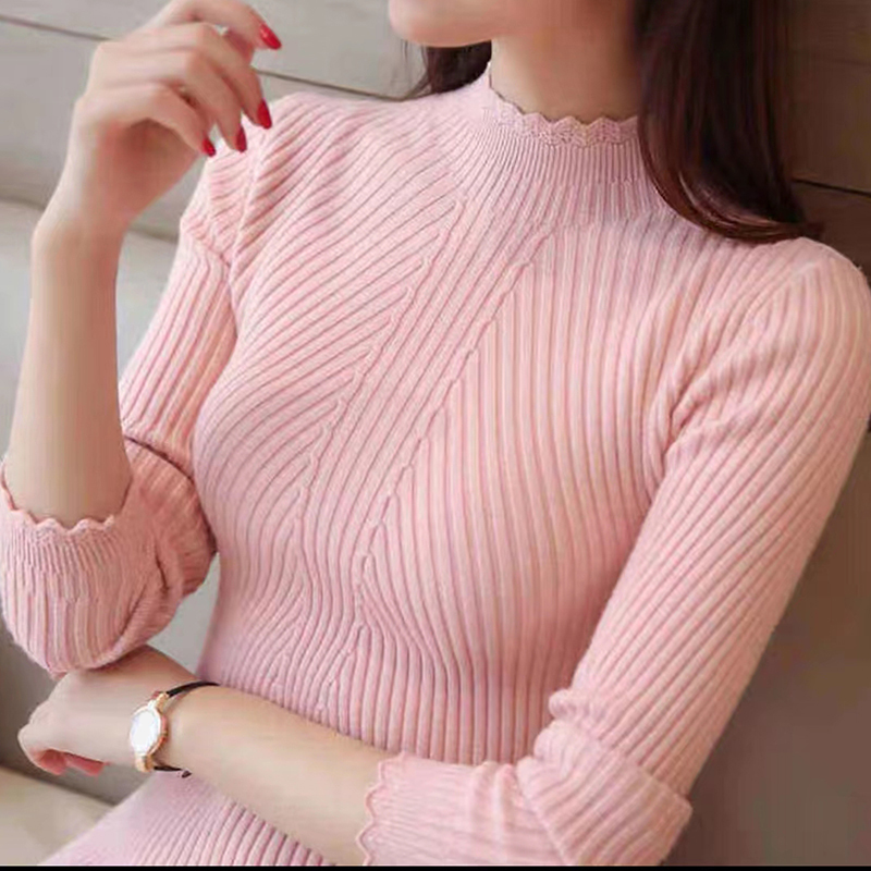 Thumbnail: 2024 Autumn Women Mock Neck Ruffles Sweater Long Sleeve Knitted Bottoming Solid