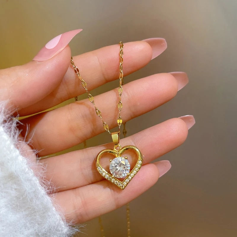 Miniatura: Artificial Gems Heart Pendant Necklace for women 2022 Golden Stainless Steel Li
