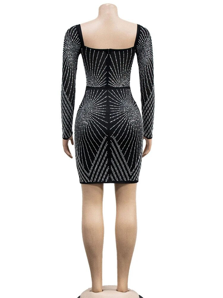 Thumbnail: Beyprern Luxury Geometric Black Rhinestone Short Party Dresses Robe Femme Women