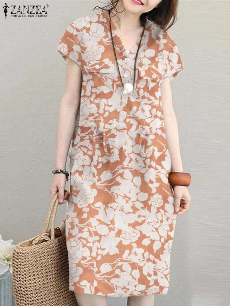 Thumbnail: ZANZEA Summer Short Sleeve Solid Knee-length Dress Fashion Women V Neck Casual