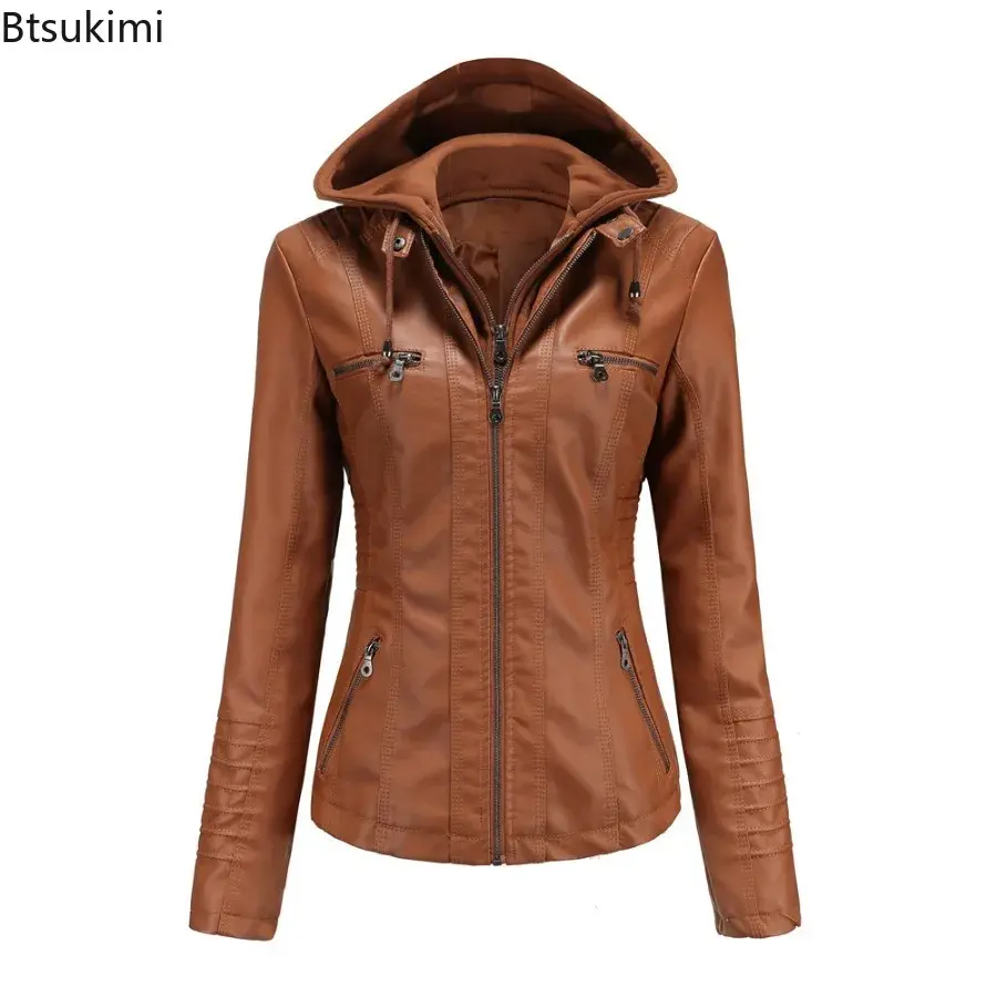 Thumbnail: 2024 Women's Hooded Leather Jacket 2 Pieces Set with Detachable Large Leather J