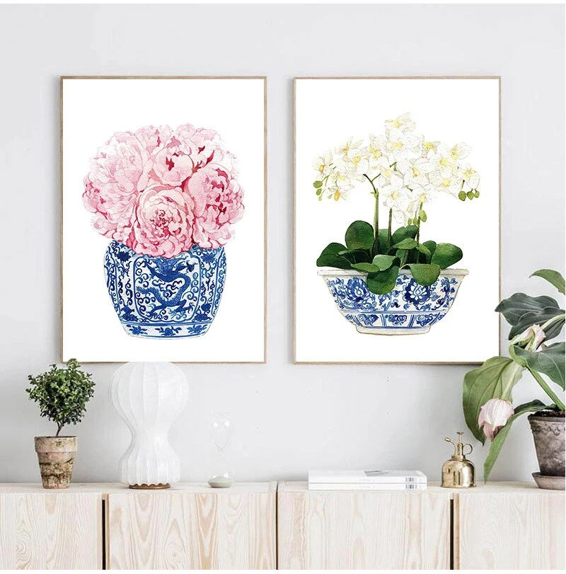 Thumbnail: Blue and White Chinese Vase Watercolor Flower Art Prints Willow Style Chinese P