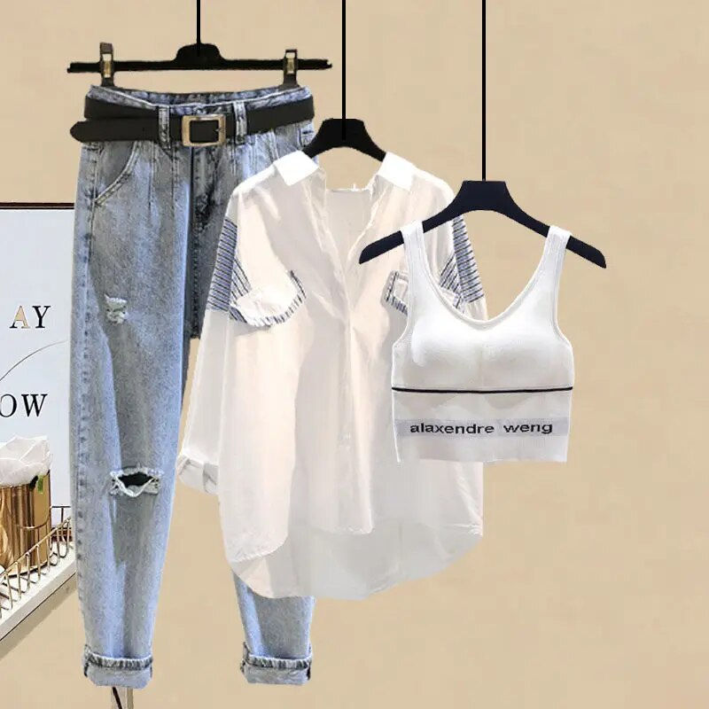 Thumbnail: 2023 Summer New Elegant Women's Pants Set Casual Shirt Jeans Trousers Vest Thre