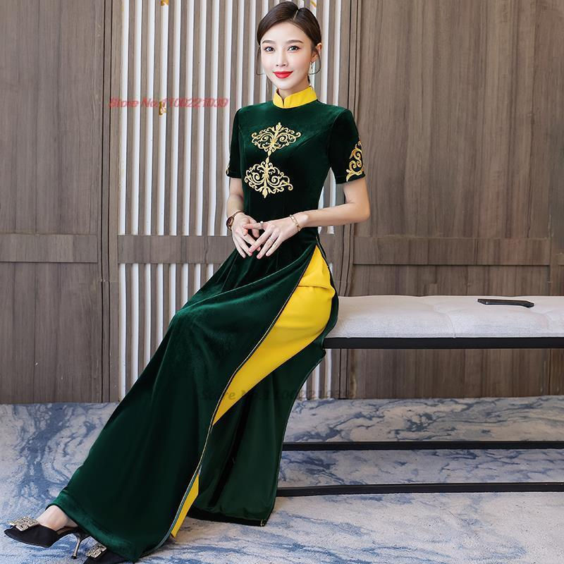 Thumbnail: 2024 woman aodai vietnam traditional vietnam velvet dress+pants set flower embr
