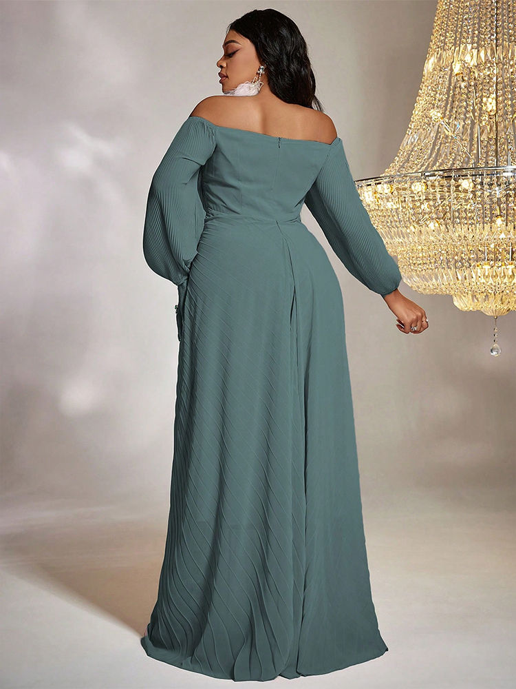 Thumbnail: TOLEEN Women Plus Size Maxi Dresses Elegant Chiffon One-Line Shoulder Beaded Dr