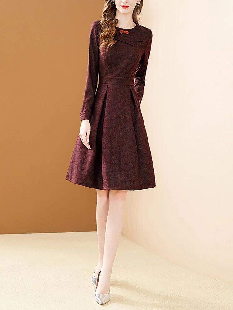 Miniatura: EVNISI Wine Woolen Elegant Dress Women  Autumn Winter Pleated O-neck A-line Lon