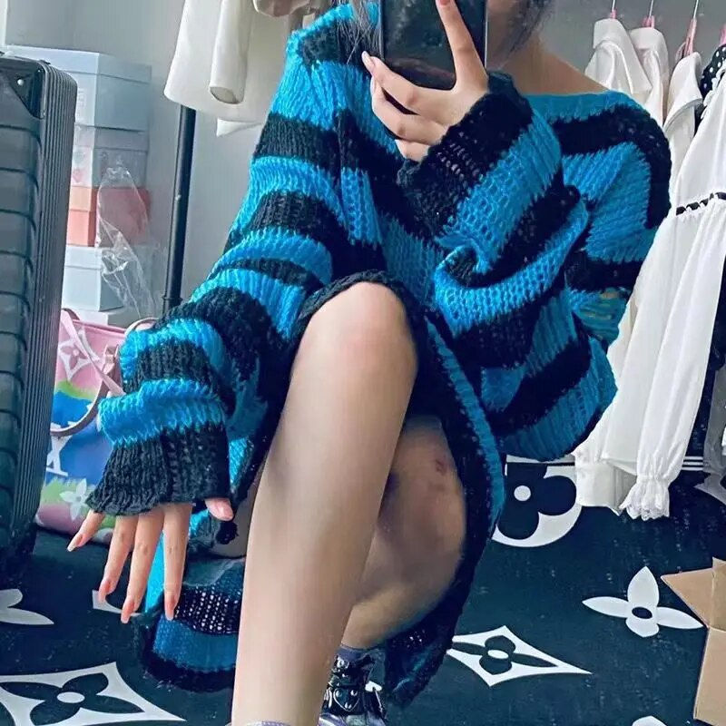 New Punk Gothic Long Unisex Sweater Summer Women Striped Cool Hollow Out Hole B