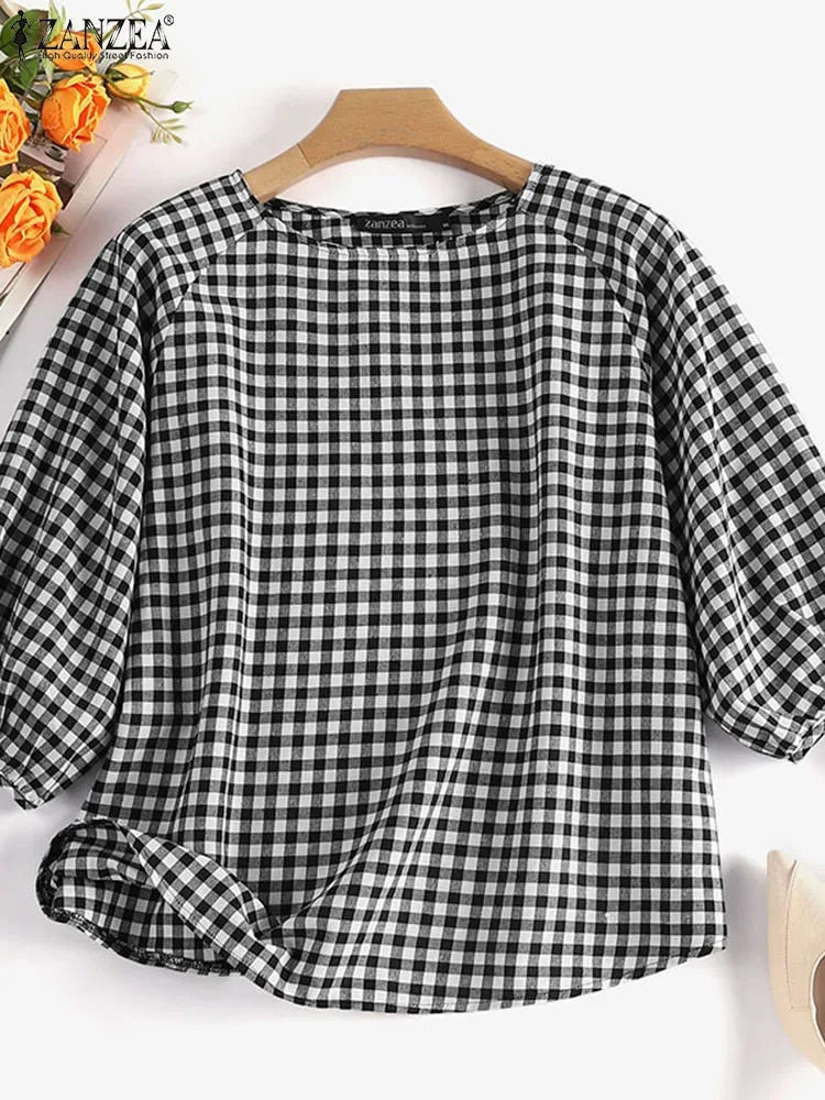 Thumbnail: 2023 ZANZEA Summer Vintage Plaid Checked Blouse Women O Neck 3/4 Sleeve Shirt C