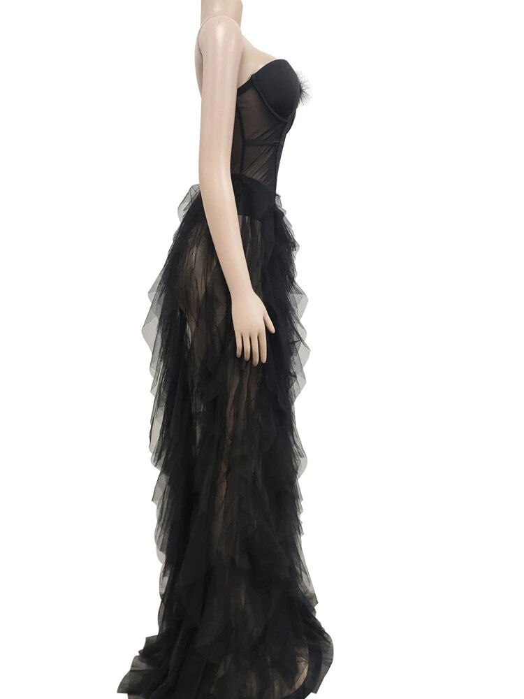 Miniatura: Beyprern Beautiful Ruffles Chffion Party Feather Maxi Dress Elegant Sheer Mesh