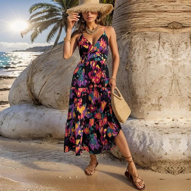 Miniatura: Qybian Hollow Out Back Strappy Printed Dress Bohemian Y2k Boho Dress Casual Str