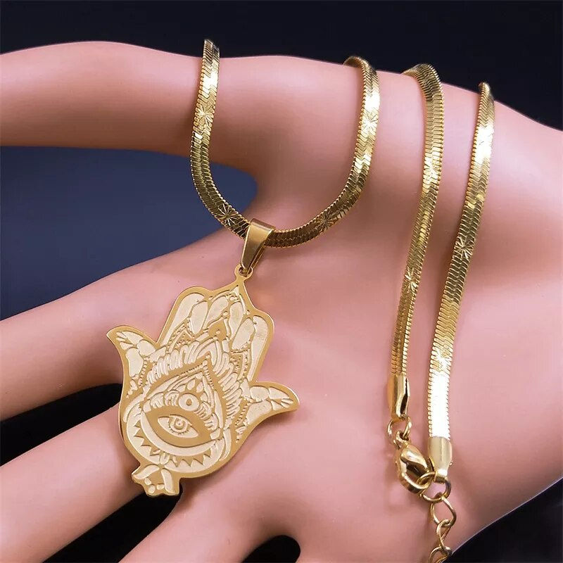 Miniatura: Hamsa Hand Stainless Steel Necklace Gold Color Amulet Hand of Fatima Necklaces 