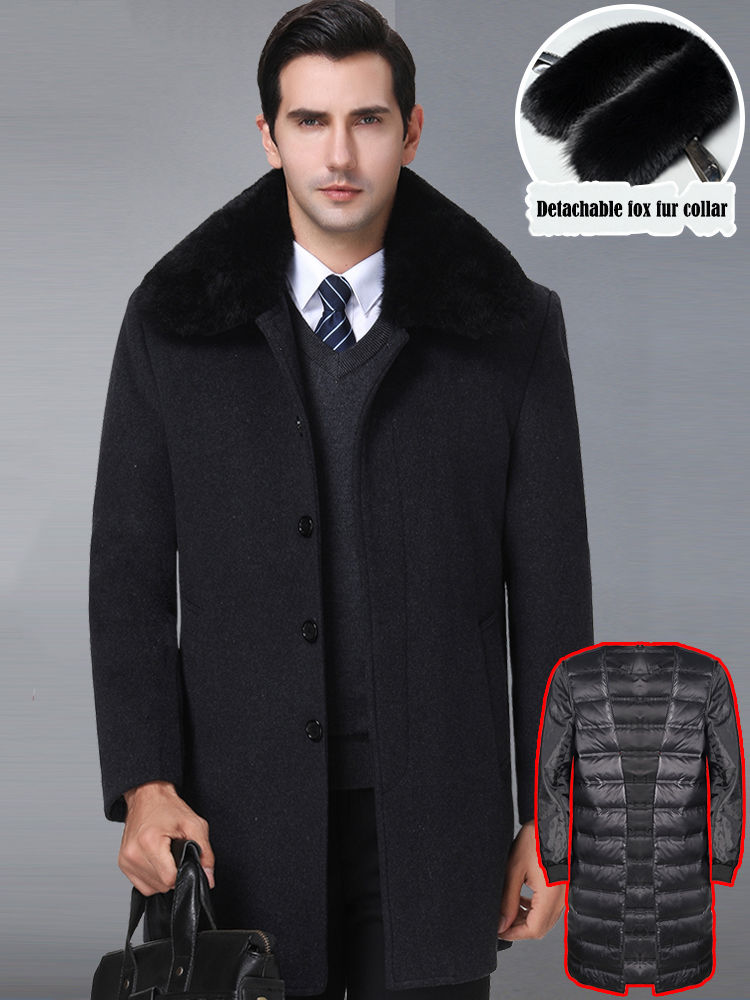 Miniatura: New Fashion Jackets Mens Thick Cashmere Trench Warm Detachable Fox Fur Collar W