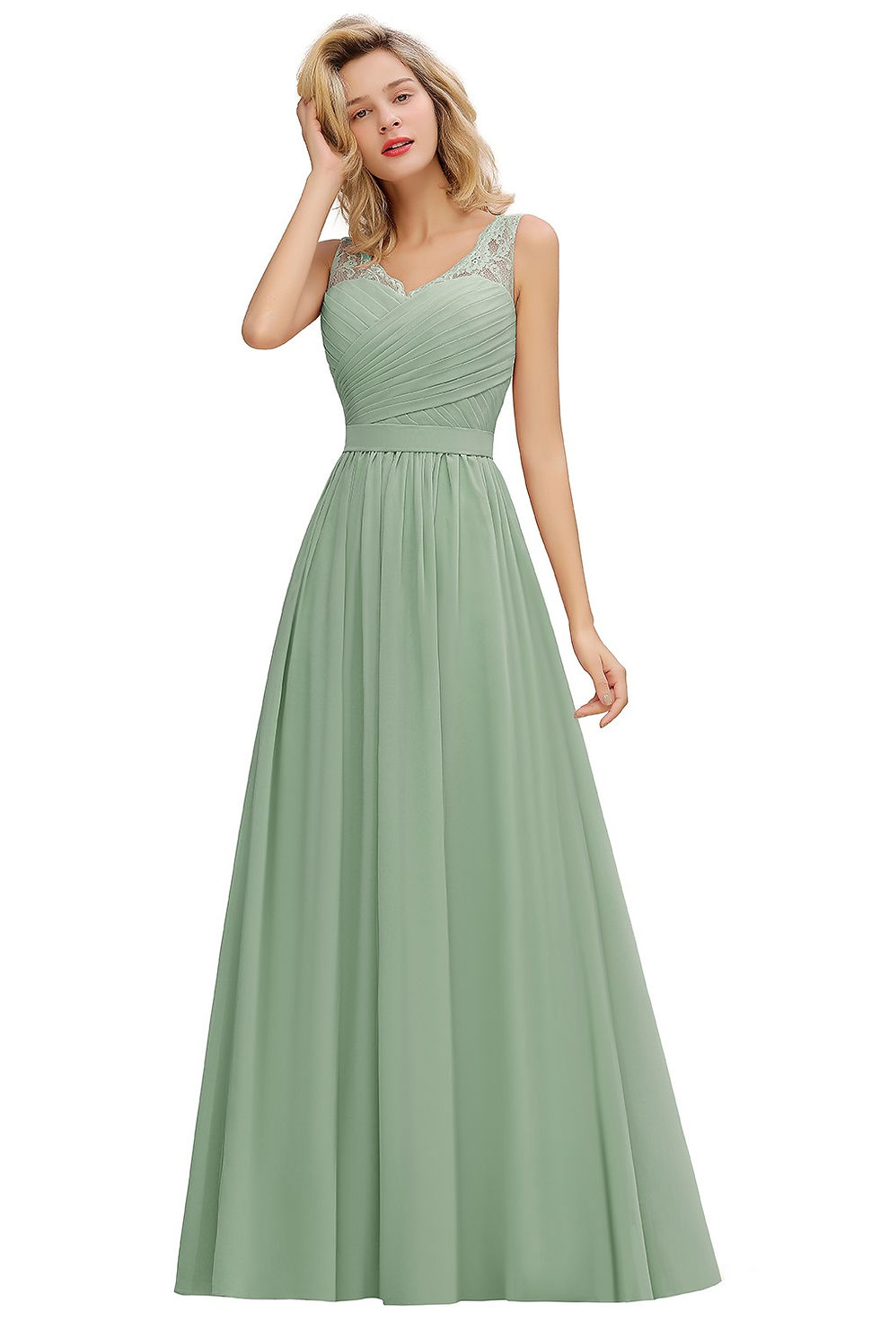 Miniatyrbilde: BABYONLINE Boho Wedding Dress V-neck Pleated Bodice See-through Lace Cap Sleeve