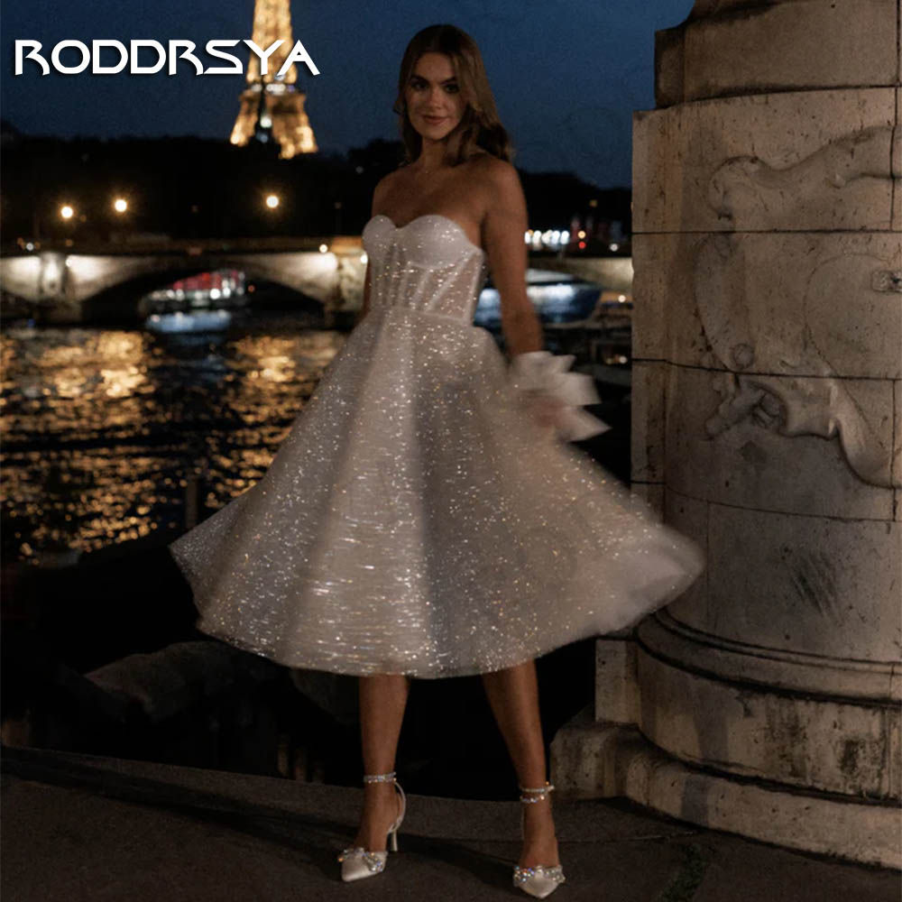 RODDRSYA Short Sparkly Wedding Dress Knee Length vestidos de novia Strapless Gl