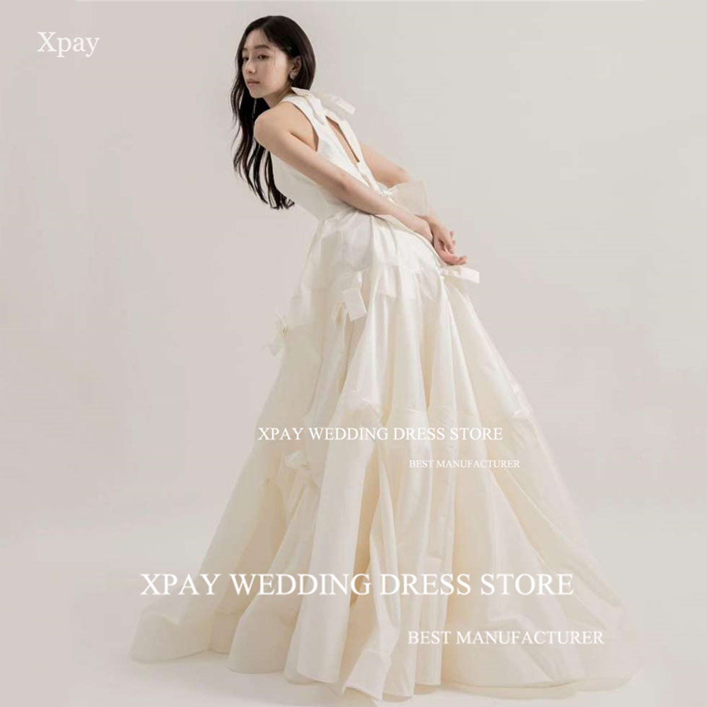 XPAY O Neck Korea Wedding Dresses Ruched Tiered Cut Out Back Wedding Photograph