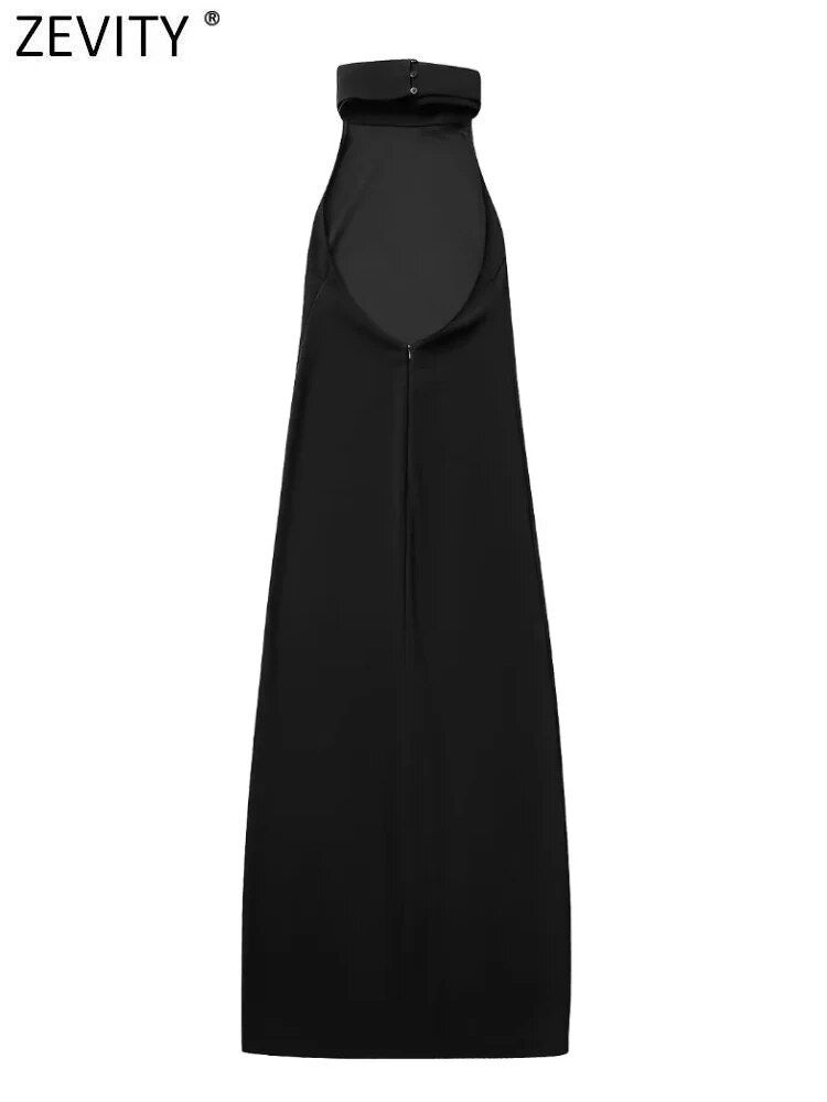 Thumbnail: Zevity 2023 Women Fashion High Collar Sleeveless Black Slim Halter Midi Dress F
