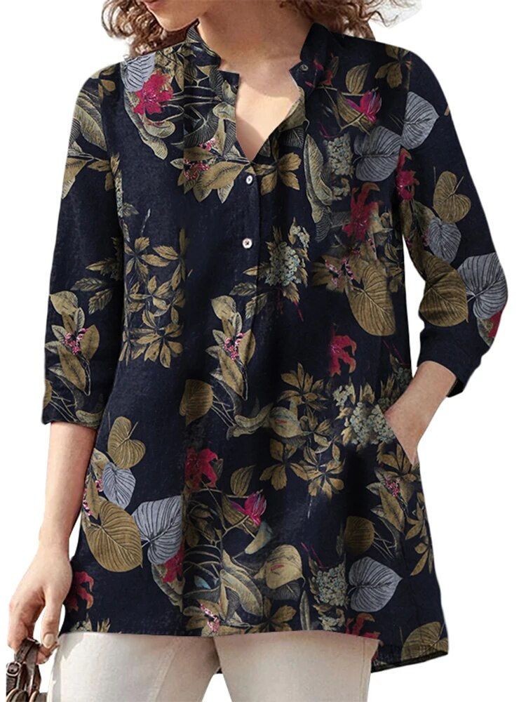 Miniatura: Floral  Printed Blouse Oversized Women Casual V Neck 3/4 Sleeve Shirt ZANZEA Re