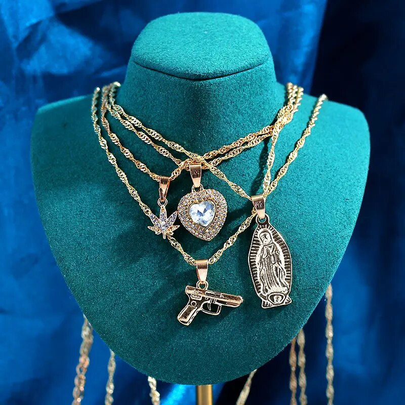 Thumbnail: New Multi Layer Butterfly Dragon Charms Crystal Necklaces For Women Punk Golden