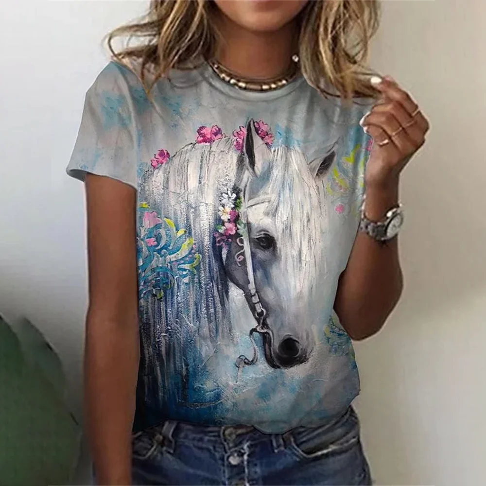 Fashion Women's T-Shirt Women's 3d Horse Print Kawaii T Shirt Female Casual Clo