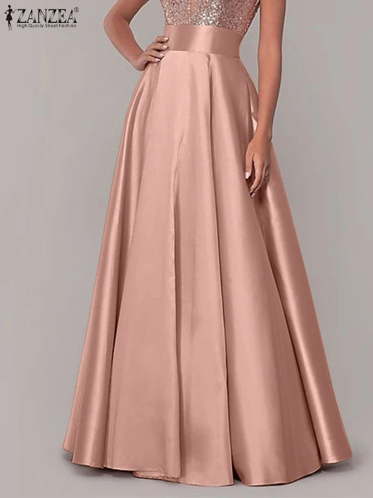 ZANZEA Summer Women Maxi Long Skirts Casual High Waist A-line Party Sundress Wo