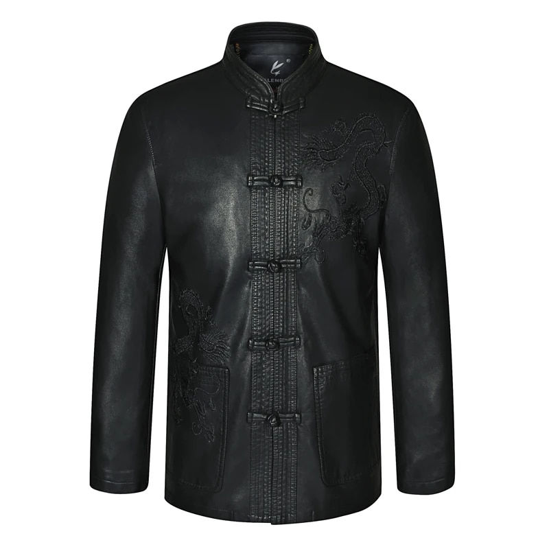 Thumbnail: Mens Black Ethnic Tang Suit Mandarin Collar Leather Kong Fu Jackets Dragon Embr