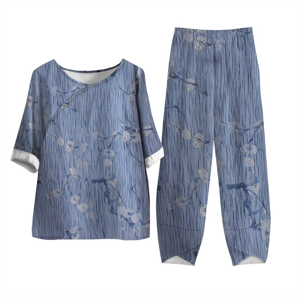 Harajuku Vintage Pattern Print 2pcs Outfits Women Elegant O Neck Top Pullover &