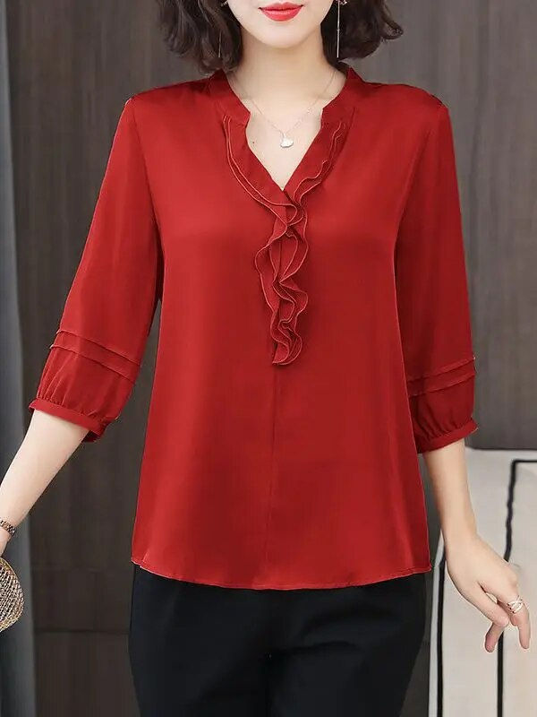 Thumbnail: Women Spring Summer Style Chiffon Blouses Shirts Lady Casual Half Lantern Sleev