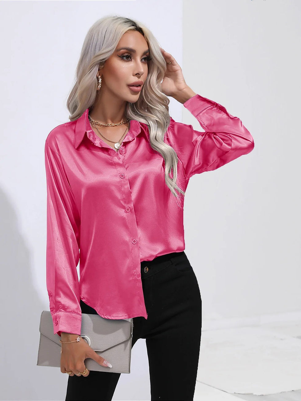 Thumbnail: Elegant Women's Satin Imitation Silk Long Sleeve Shirt Autumn/Winter Solid Offi