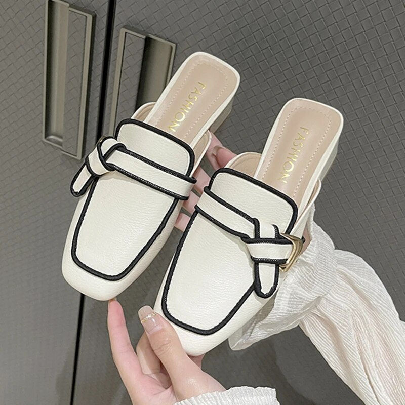 Miniaturebillede: Black Mules Shoes For Women Slip On Square Heel Slippers Women 2024 New Luxury