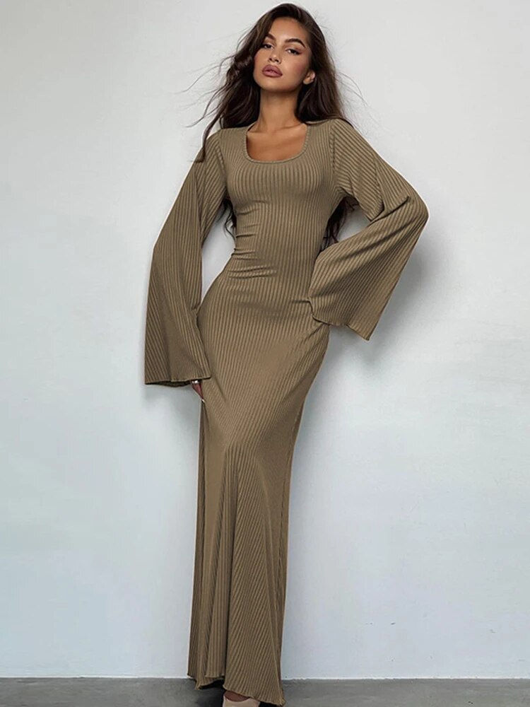 Thumbnail: Dulzura Solid Ribbed Trumpet Sleeves Maxi Dress Back Lace-Up Straps Elegant Cas