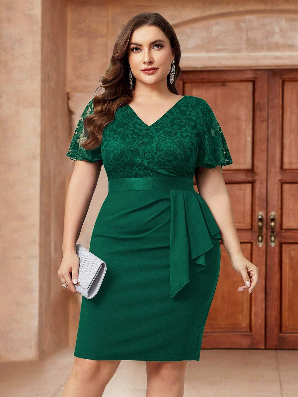 Thumbnail: Plus Floral Lace Flounce Sleeve Ruffle Trim Wrap Hem Bodycon Dress
