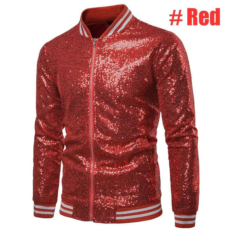 Thumbnail: Men Male Sequined Stylish Slim Long Sleeve Baseball Jacket Coat Zipper Coat Wed