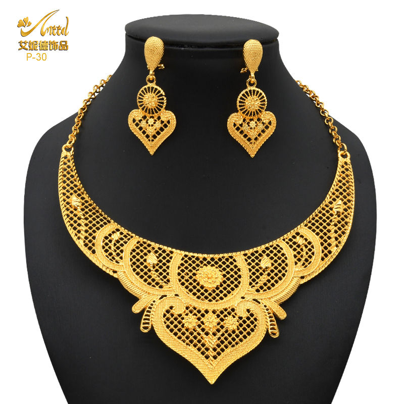 Thumbnail: ANIID Luxury Indian Jewelry Sets for Women Party Dubai 24K Gold Color Necklace 
